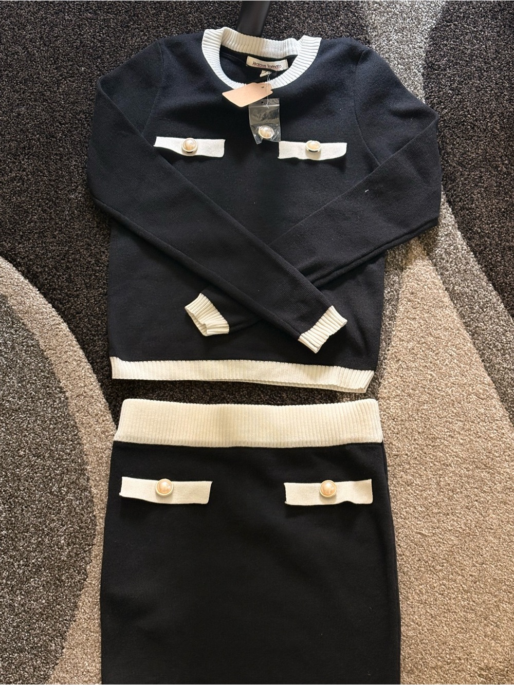 Black & Cream Two-Piece Knit Skirt Set